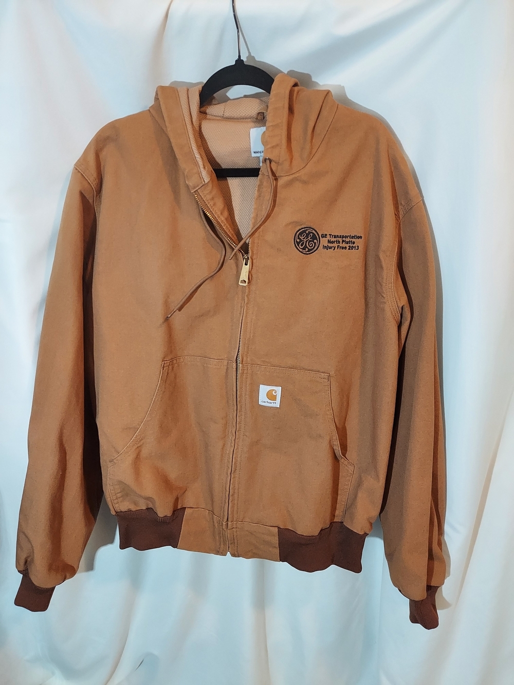 Vintage Carhartt J131 Brown Hooded Work Jacket GE Safety Award Large